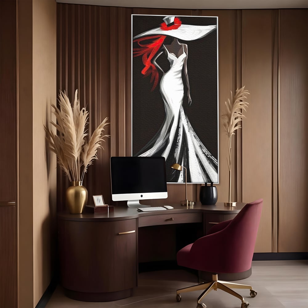 Tablou canvas cu tablou canvas cu silueta de femeie in rochie alba, in rama de aluminiu argintiu, pe perete intr-un birou